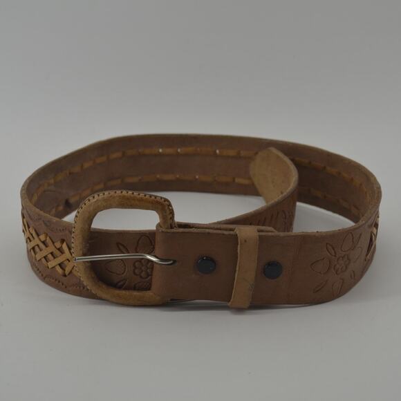 Western Leather Belt Tooled Stitched Brown Cowboy Size 28 - Picture 9 of 13